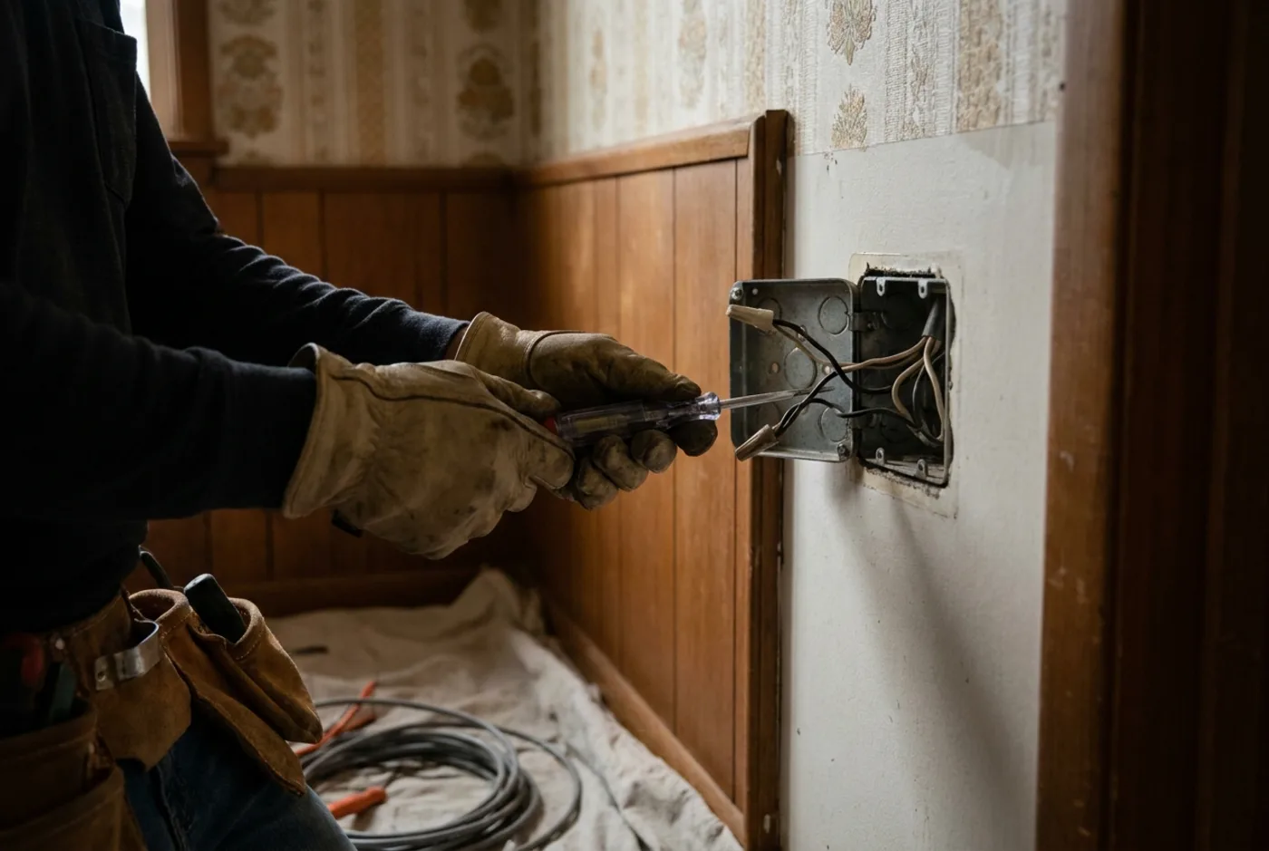 Inspecting branch wiring in a 1960s Seattle home.