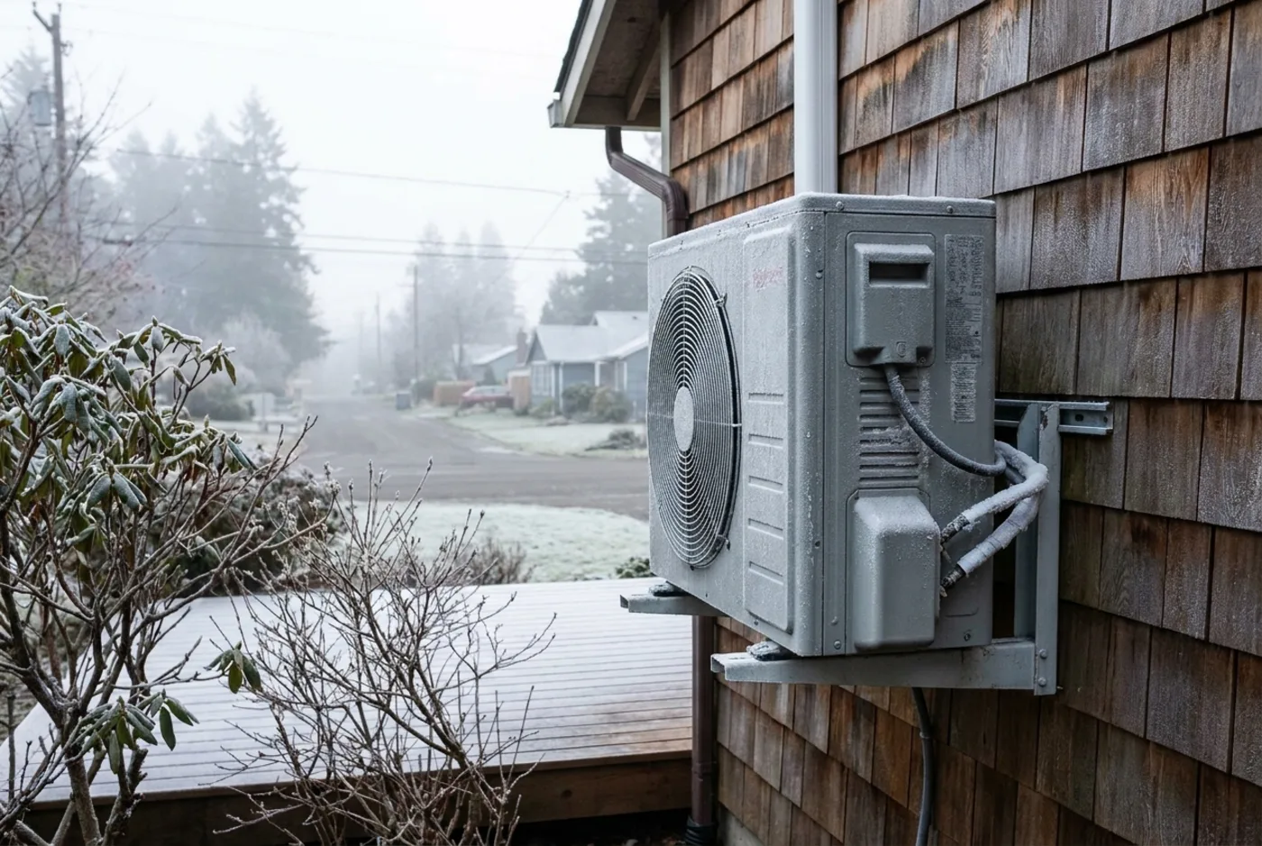 A cold-climate heat pump on a frosty morning.