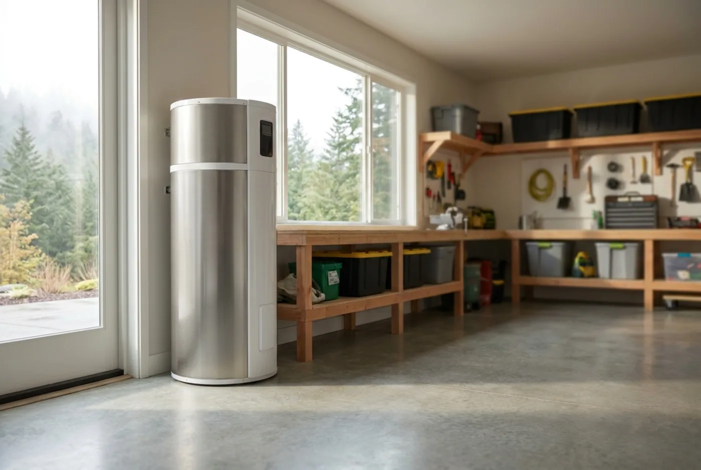 A heat pump water heater in a garage utility corner.