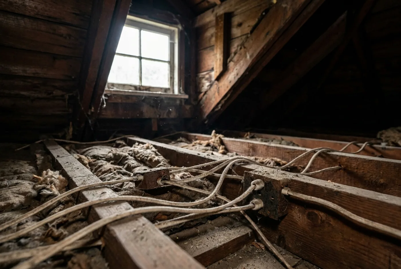 Original knob-and-tube wiring in a Seattle attic.