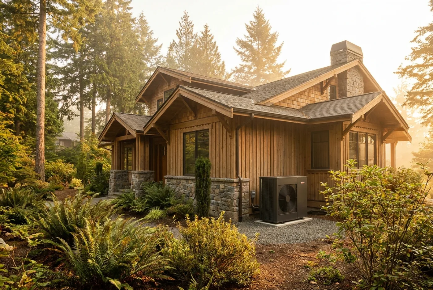 A new heat pump on a Seattle home in afternoon light.